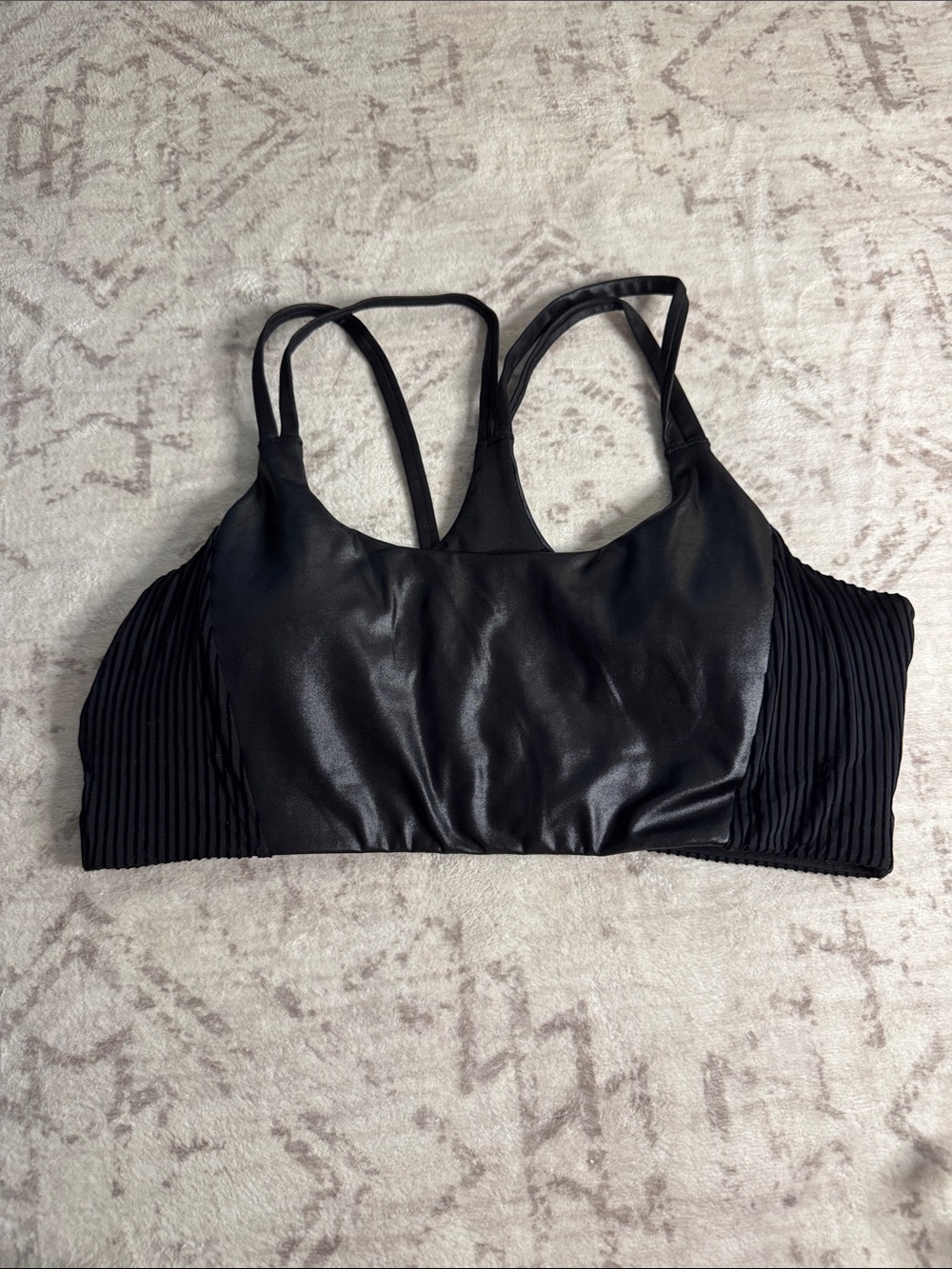 Fabletics Black Faux-Leather & Ribbed Side Sports Bra